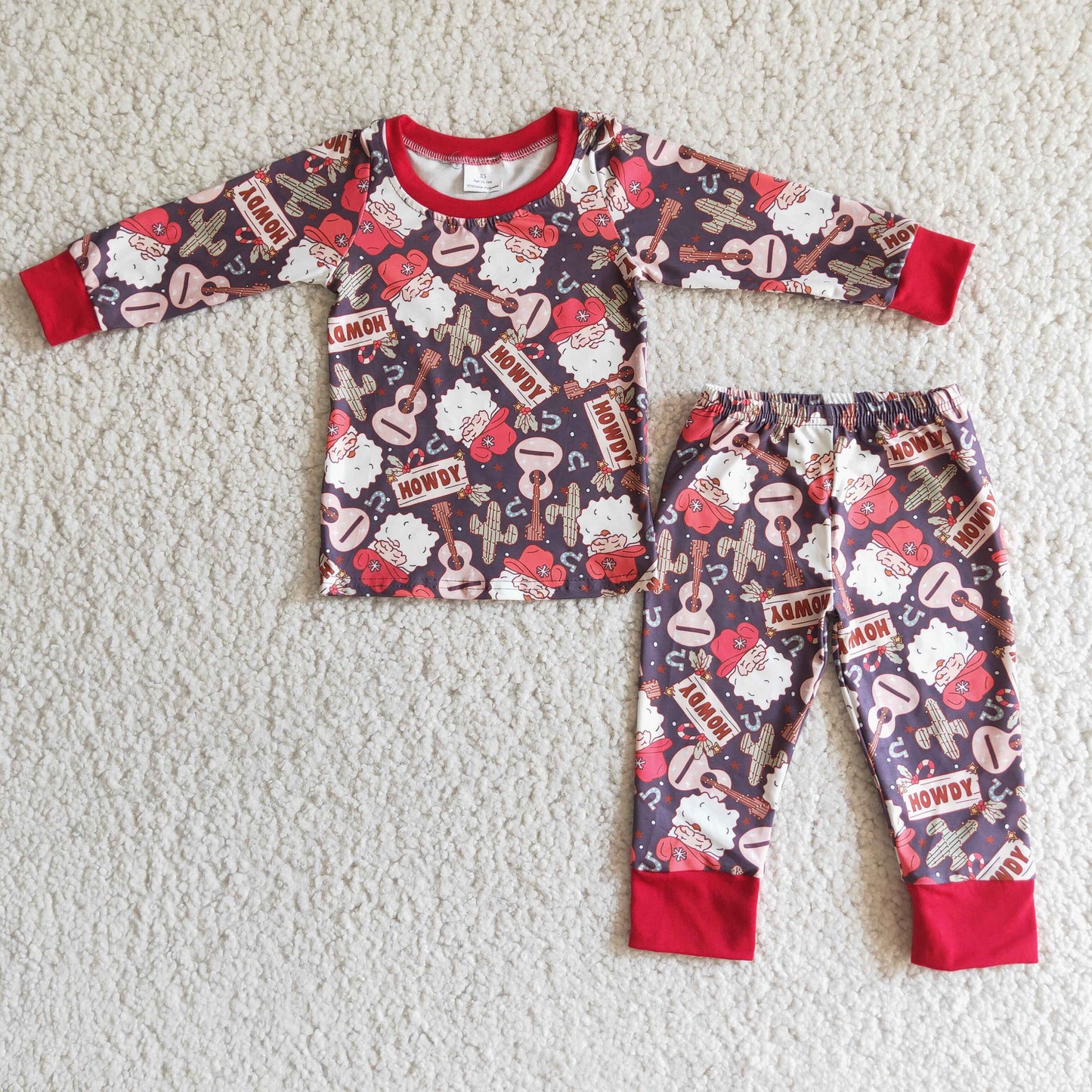 6 B4-25 Howdy Santa Guitar Print Boys Christmas Pajamas Clothes Set