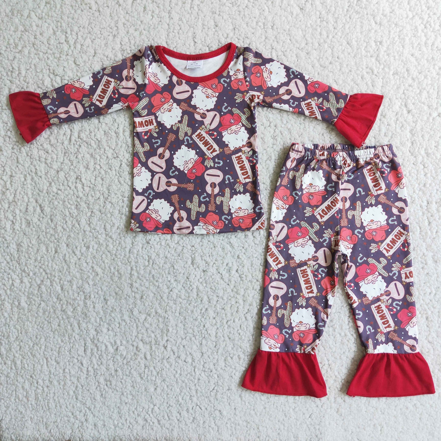 6 A6-14 Santa Howdy Guitar Print Girls Christmas Pajamas Clothes Set
