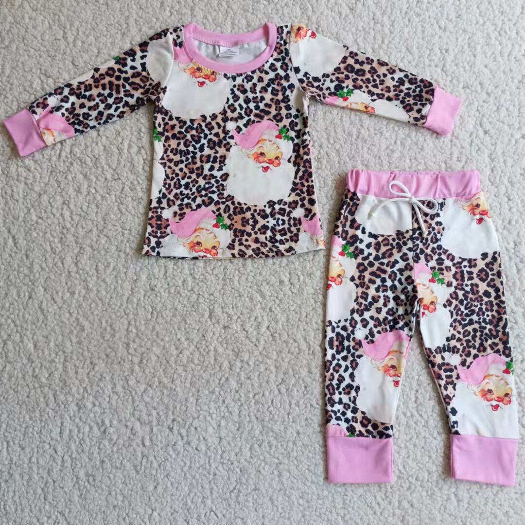 6 A4-26 Santa Leopard Print Girls Christmas Pajamas Clothes Set