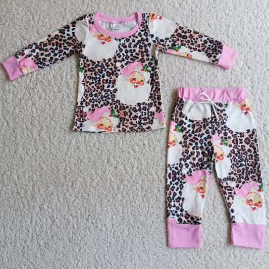 6 A4-26 Santa Leopard Print Girls Christmas Pajamas Clothes Set