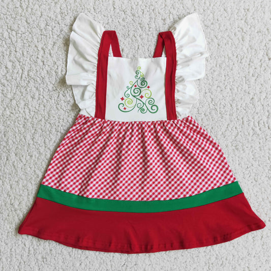 (Promotion) E3-19 Tree Checkered Print Girls Christmas Flutter Sleeve Knee Length Dress