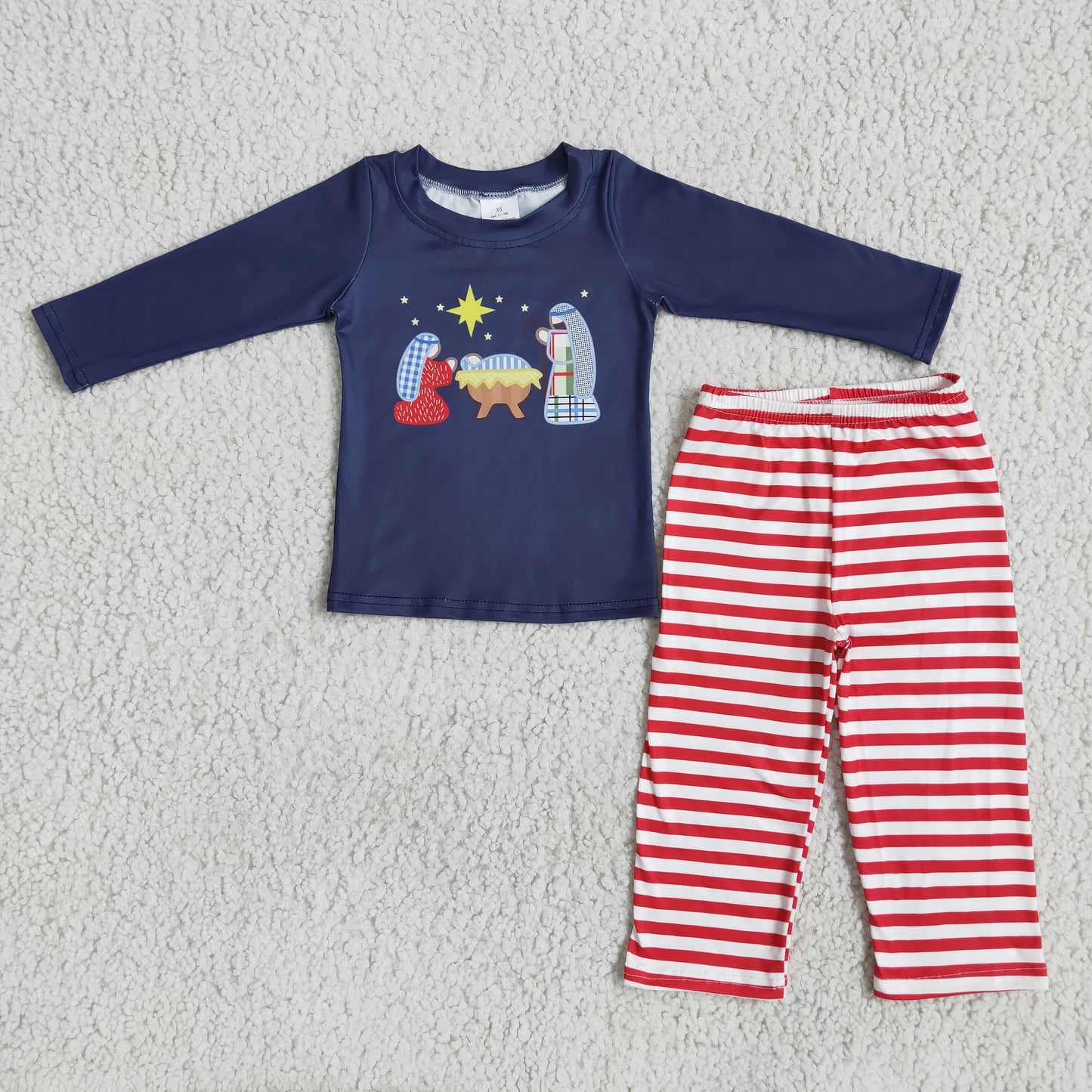 (Promotion)6 A20-17 Nativity Navy Top Red Stripes Pants Boys Christmas Clothes Set