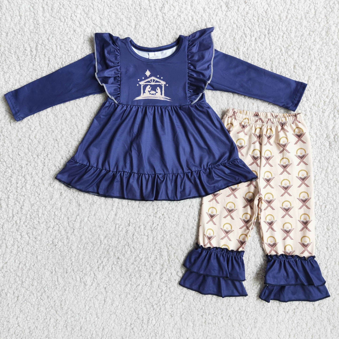 (Promotion)6 B11-25 Nativity Navy Tunic Top Ruffle Pants Girls Christmas Clothes Set