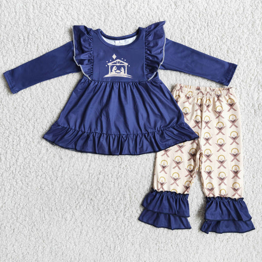 (Promotion)6 B11-25 Nativity Navy Tunic Top Ruffle Pants Girls Christmas Clothes Set