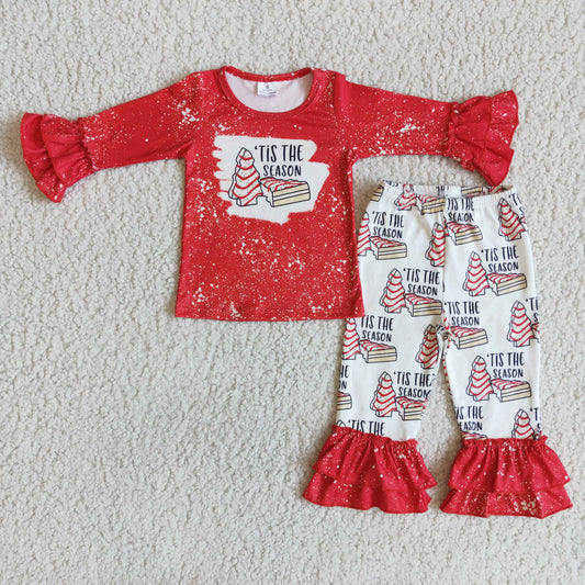 (Promotion) 6 B13-30 It's Season Debbie Cake Red Top Ruffle Pants Girls Christmas Clothes Set