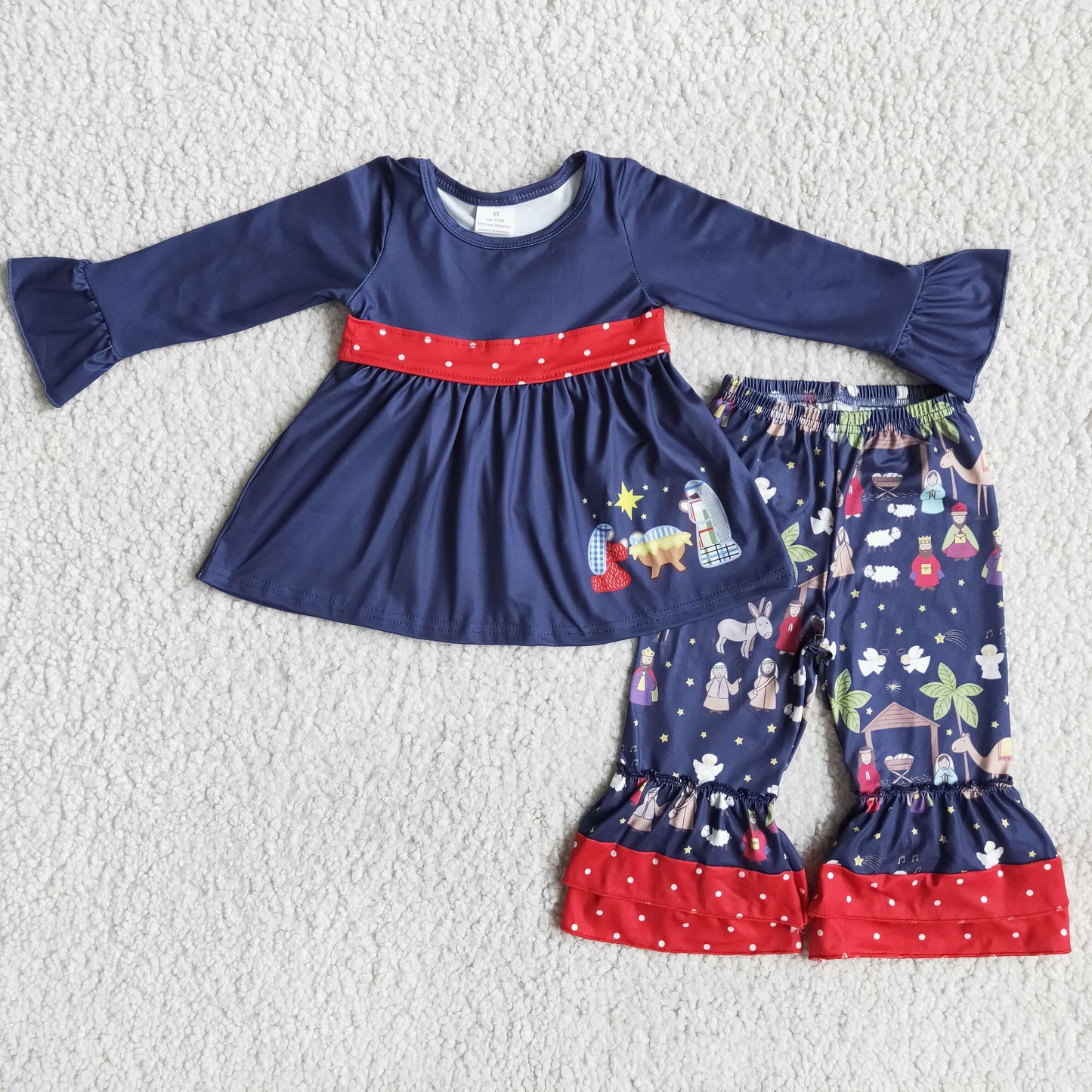 (Promotion) 6 A12-17 Nativity Navy Tunic Top Ruffles Pants Girls Christmas Clothes Set