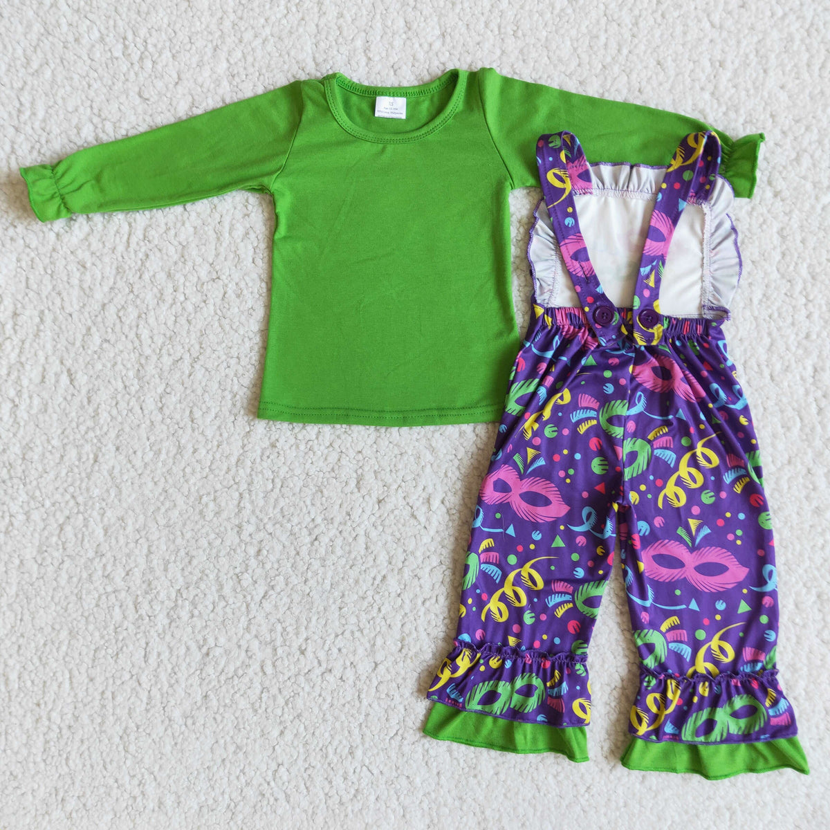 6 A28-19 Green Top Mask Print Jumpsuit Girls Overall Mardi Gras Clothes Set