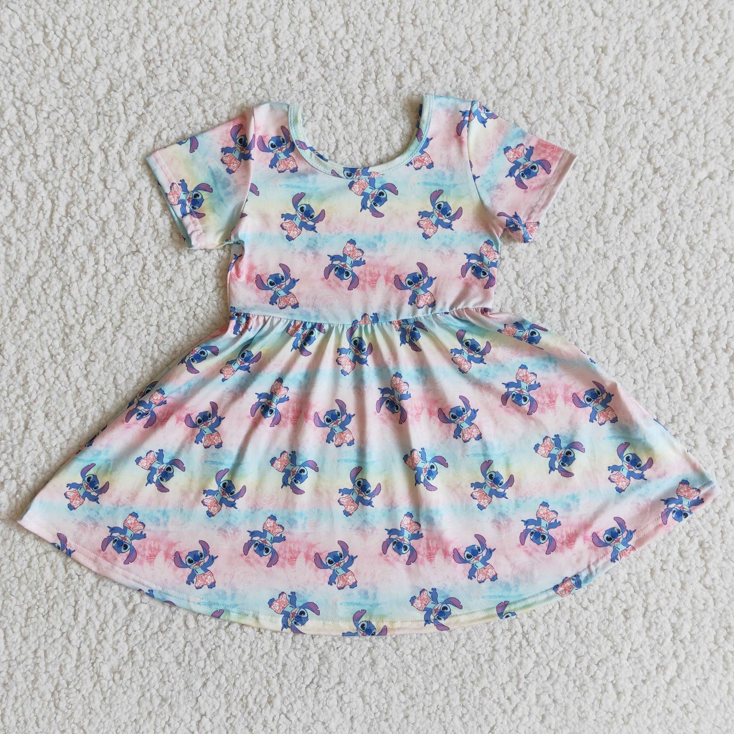 (Promotion)Cartoon Stitc* Girls Summer Short Sleeve Knee Length Dress  E8-17