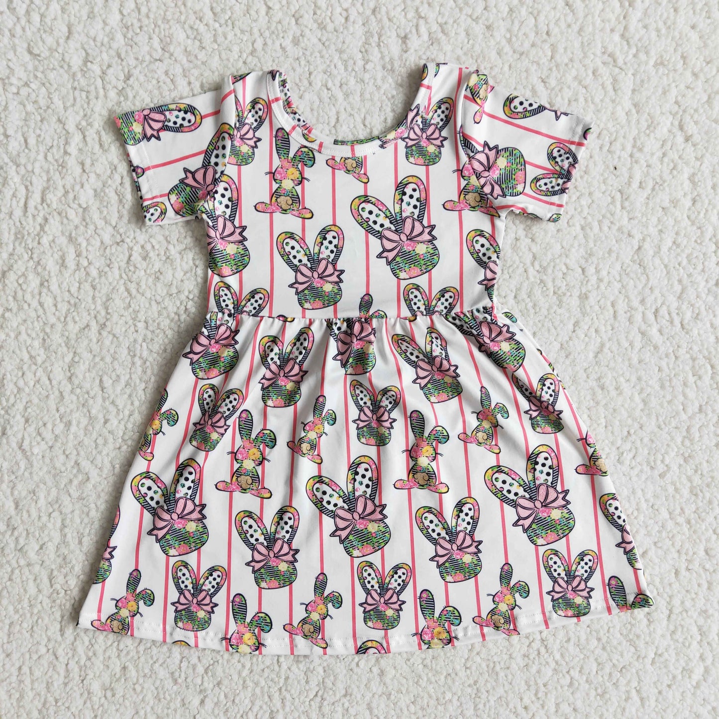 (Promotion)E5-18 Bunny Flowers Stripes Print Girls Easter Knee Length Dress