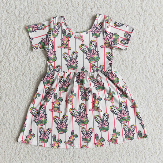 (Promotion)E5-18 Bunny Flowers Stripes Print Girls Easter Knee Length Dress