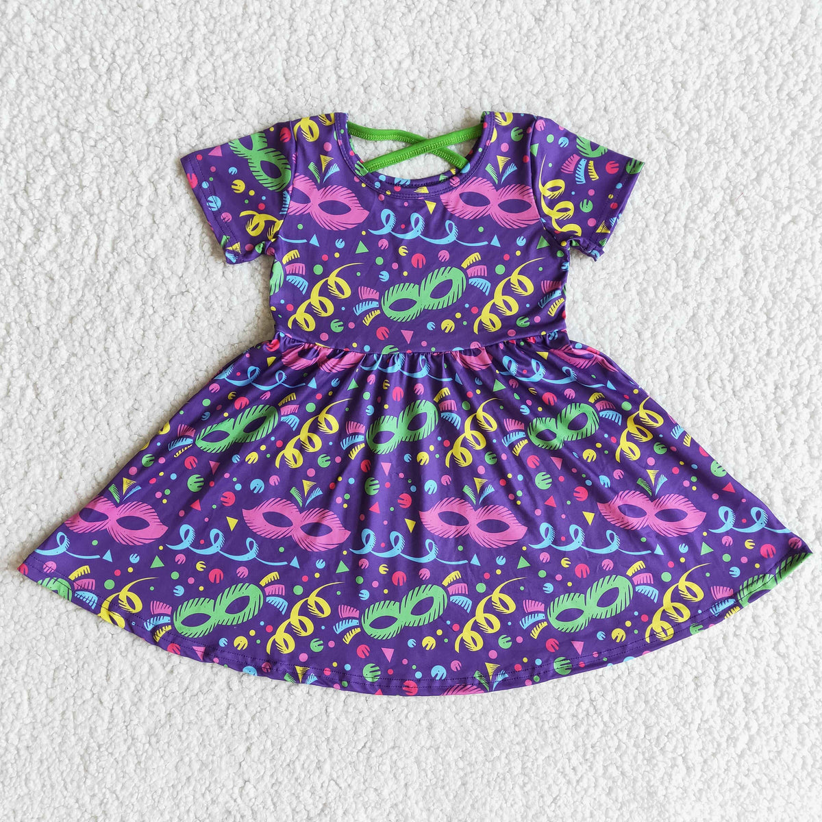 (Promotion)E10-3 Mask Purple Print Girls Mardi Gras Knee Length Dress