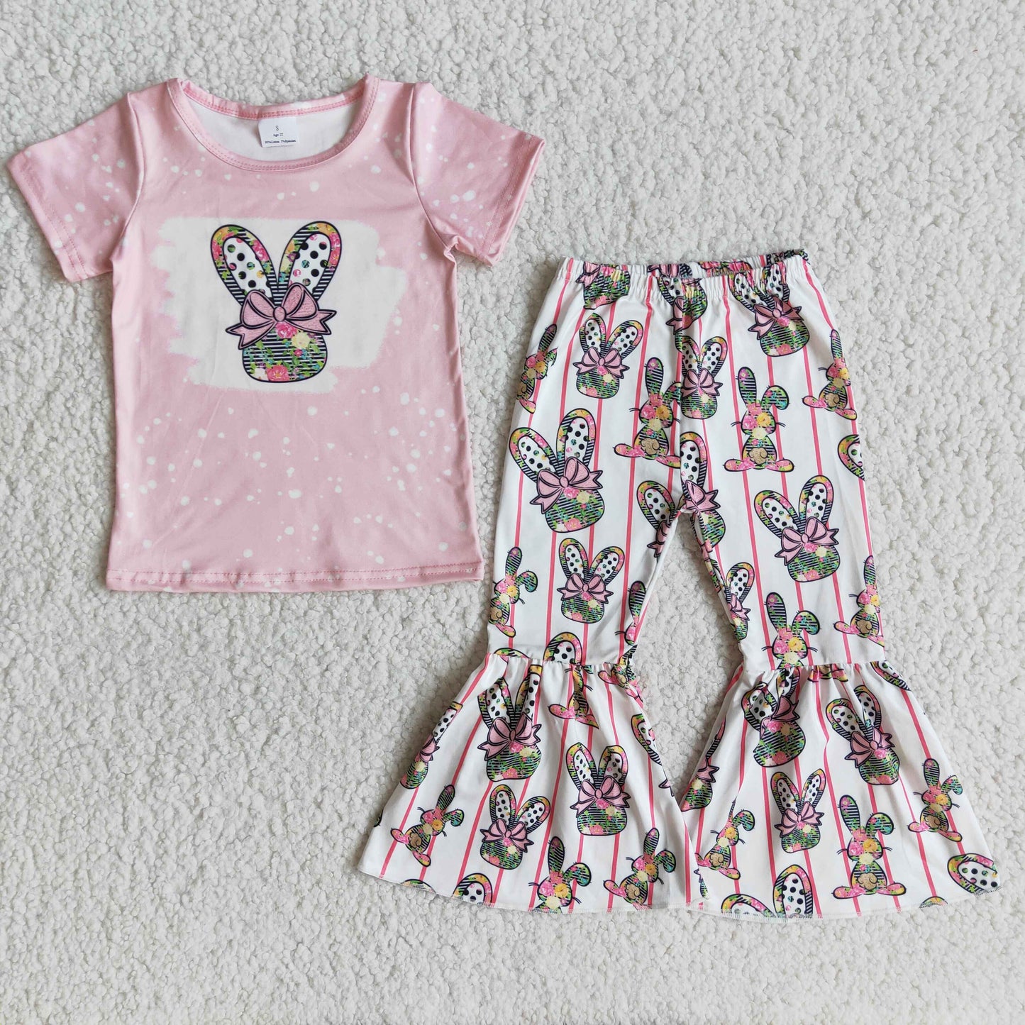 (Promotion)E10-16 Bunny Flowers Pink Top Bell Pants Girls Easter Clothes Set