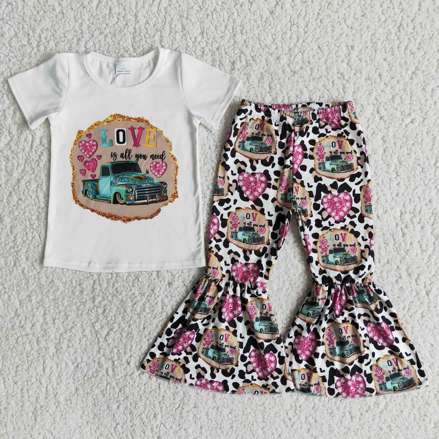 (Promotion)E13-26 LOVE Jeep Short Sleeve Top bell bottom pants girls Valentine's Day outfits   E13-26