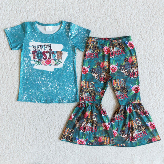 B2-12 Happy Easter Blue Top Flowers Leopard Bell Pants Girls Clothes Set