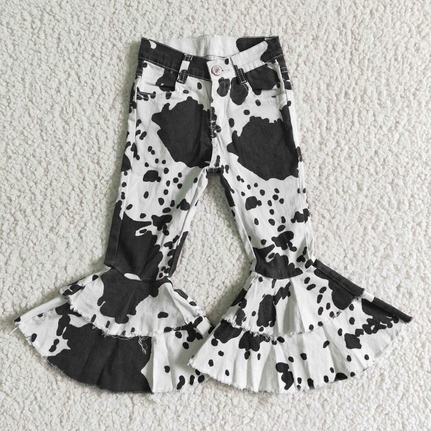 Cow print denim bell bottom jeans  P0001