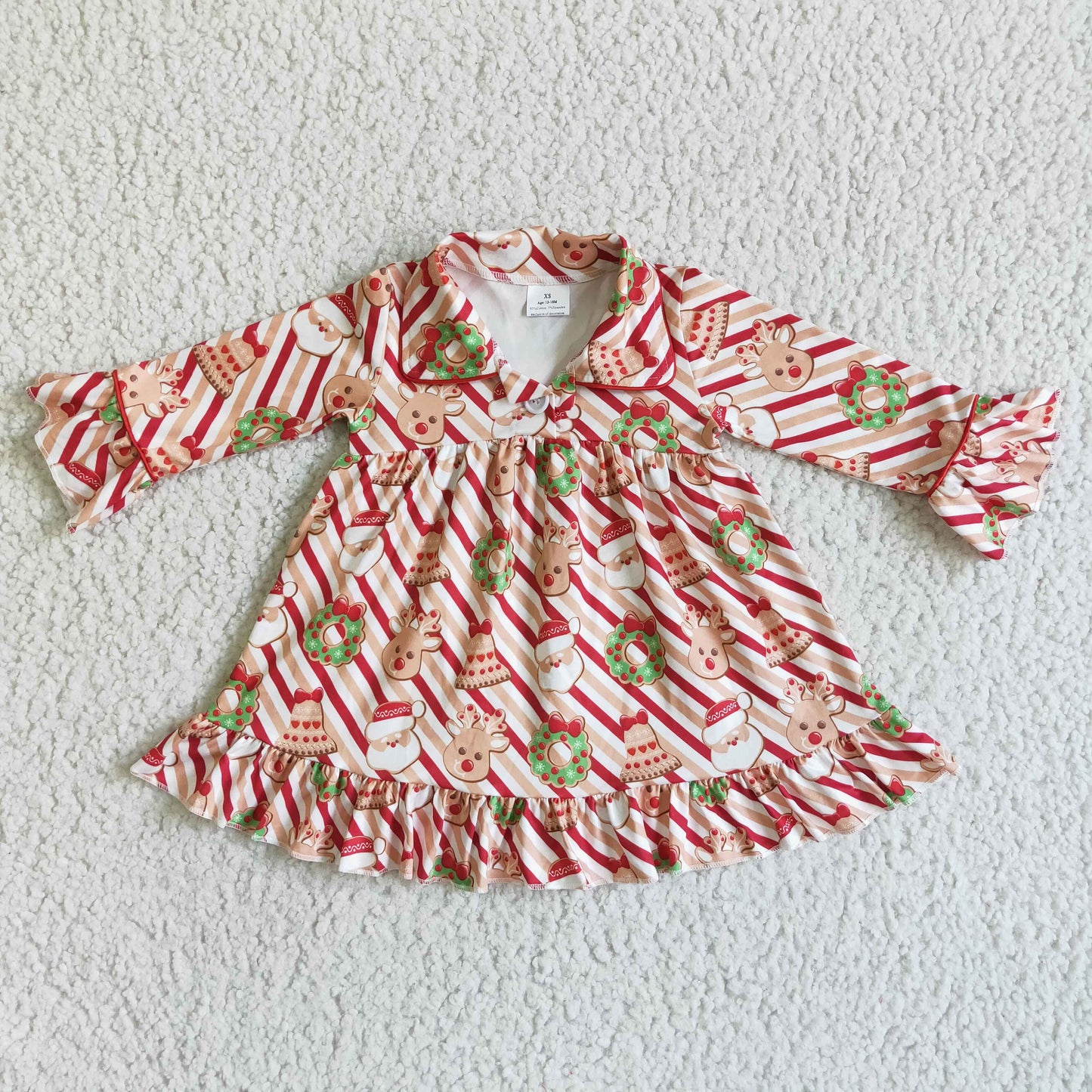 (Promotion)6 A23-12 Santa Stripes Print Girls Christmas Buttons Pajamas Gown Dress
