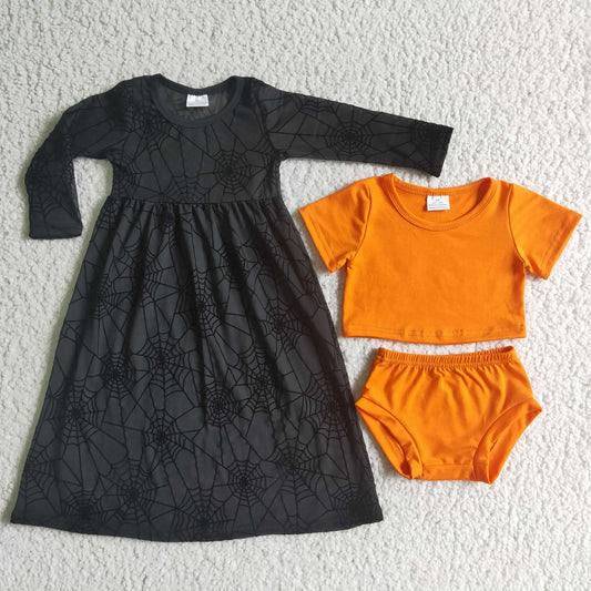 GBO0060 Web Tulle Dress Orange Cotton Baby Girls Halloween 3 Pieces Bummie Set