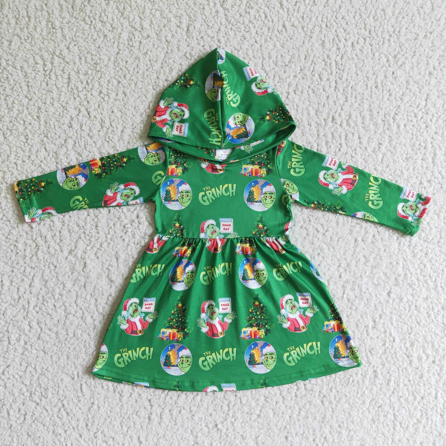 (Promotion)6 B10-24 Green Frog Girls Christmas Hoodie Knee Length Dress