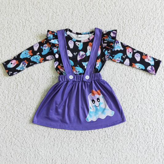 GLD0026 Ghost Top Purple Suspender Skirts Girls Halloween Clothes Set
