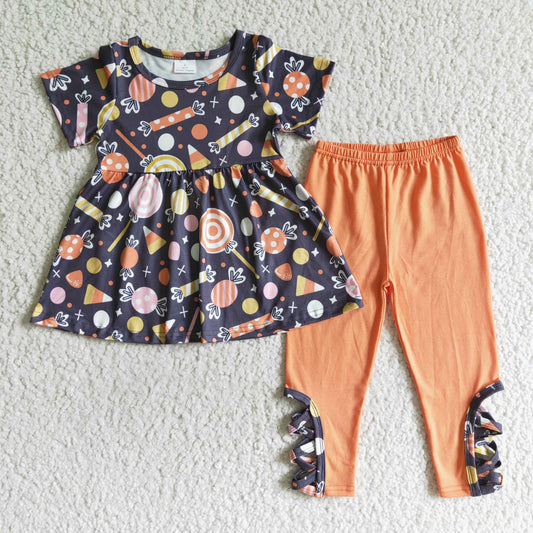 GSPO0156 Candy Tunic Top Orange Cross Legging Pants Girls Halloween Clothes Set