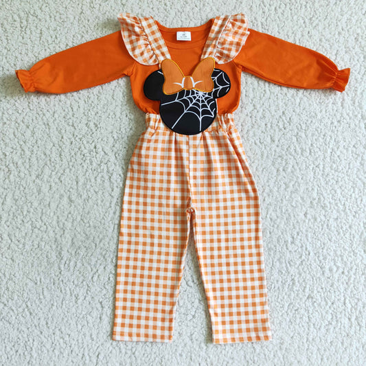 GLP0067 Orange Top Cartoon Mouse Web Embroidery Plaid Print Overall Girls Halloween Clothes Set