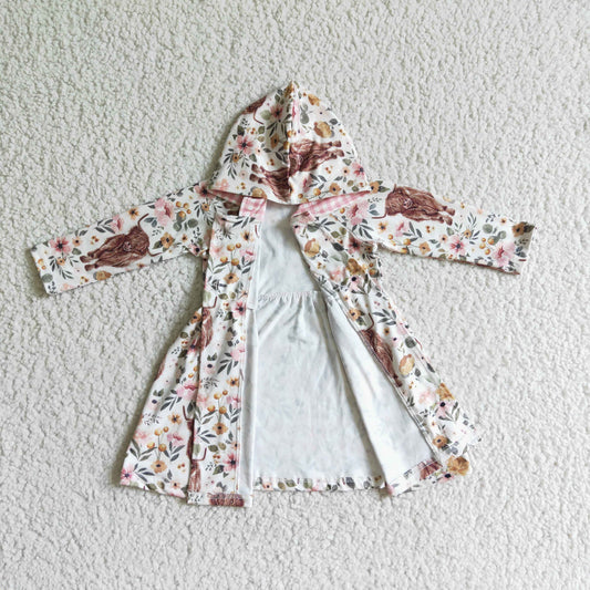GLD0082 Highland Cow Flowers Print Girls Hoodie Buttons Knee Length Jacket Coat Dress