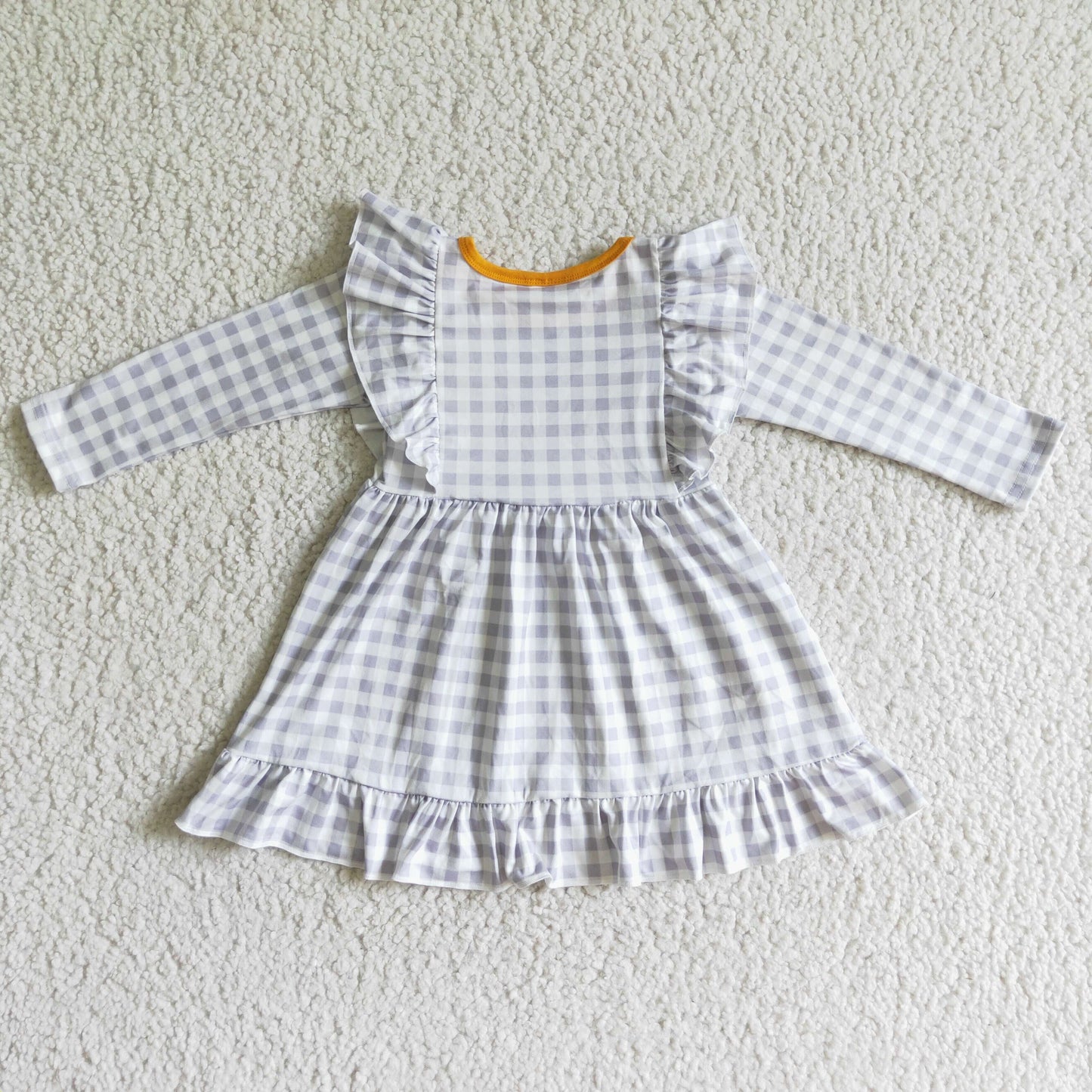 GLD0056 Turkey Pumpkin Plaid Print Girls Thanksgiving Knee Length Dress