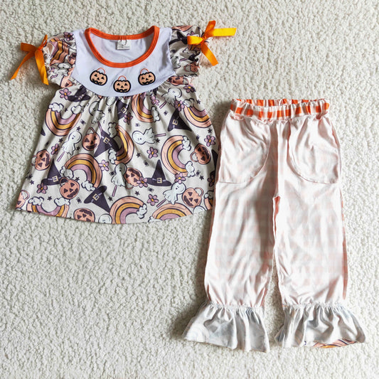 GSPO0176 Pumpkin Embroidery Rainbow Tunic Top Plaid Pants Girls Halloween Clothes Set