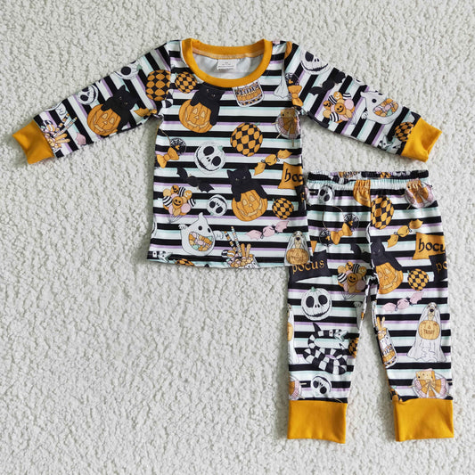 BLP0088 Nightmar* Pumpkin Stripes Print Boys Halloween Pajamas Clothes Set