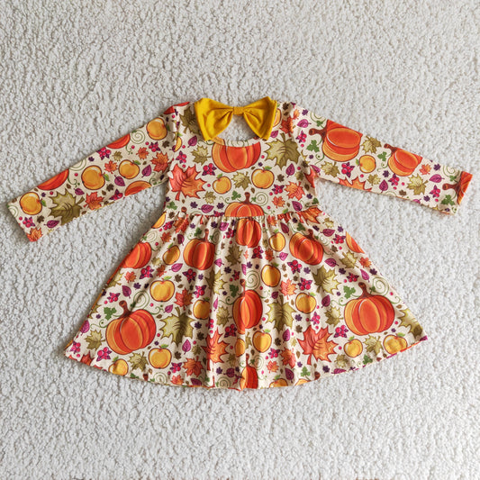 GLD0055 Pumpkin Leaf Orange Print Girls Fall Dress