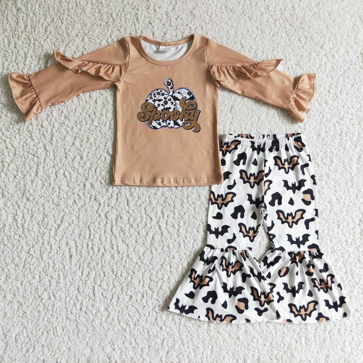 GLP0107 Pumpkin Spooky Ruffle Top Leopard Bat Bell Pants Girls Halloween Clothes Set