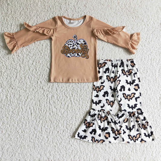 GLP0107 Pumpkin Spooky Ruffle Top Leopard Bat Bell Pants Girls Halloween Clothes Set