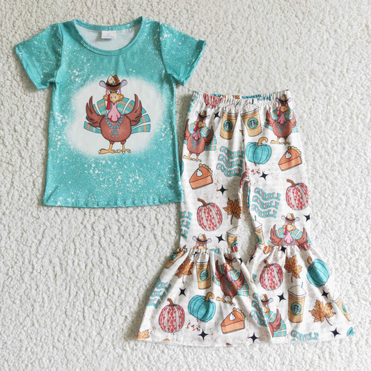 GSPO0195 Turkey Aqua Top Pumpkin Pie Bell Pants Girls Thanksgiving Clothes Set