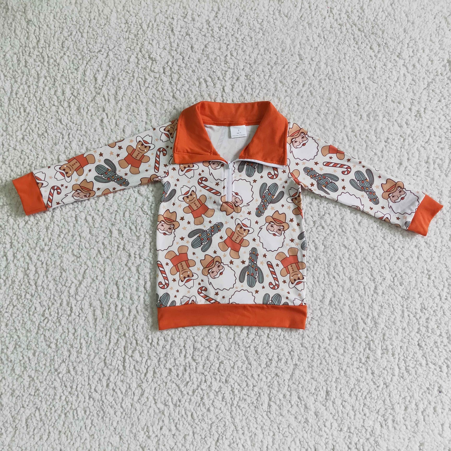 BT0068 Gingerbread Santa Candy Print Boys Christmas Long Sleeve Pullover Top