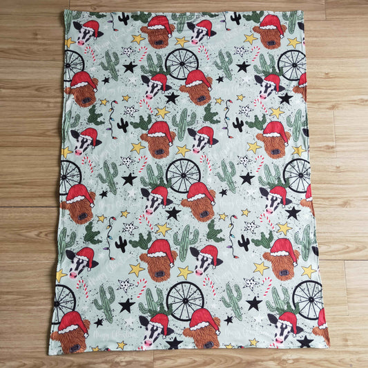 BL0030 Highland Cow Candy Cane Stars Baby Girls Christmas Blanket