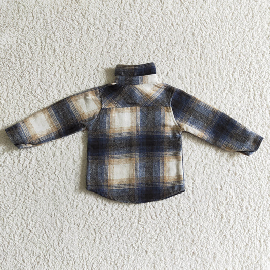 BT0117 Navy Checkered Print Boys Fall Cotton Pockets Tee Shirts Top