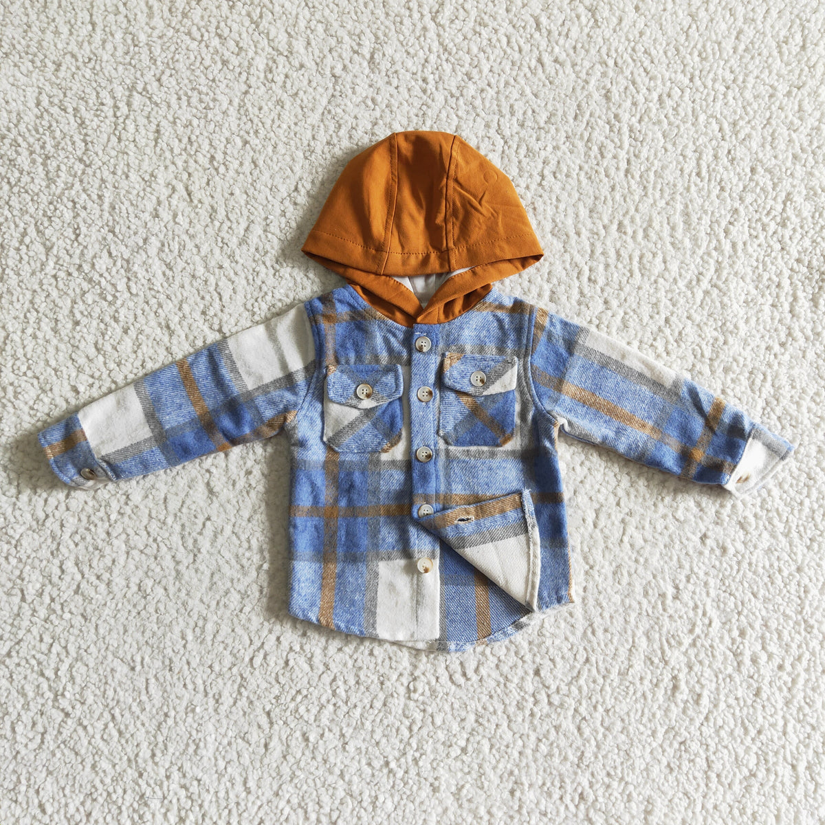 BT0074 Blue Checkered Print Boys Fall Cotton Pockets Hoodie Top