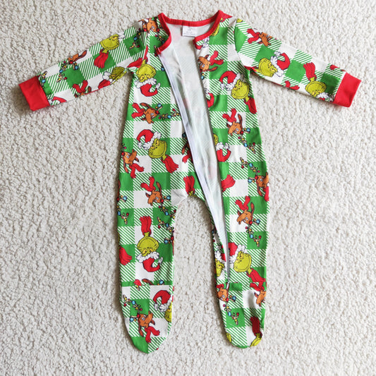 LR0194 Green Frog Checkered Print Baby Christmas Zipper Footie Romper
