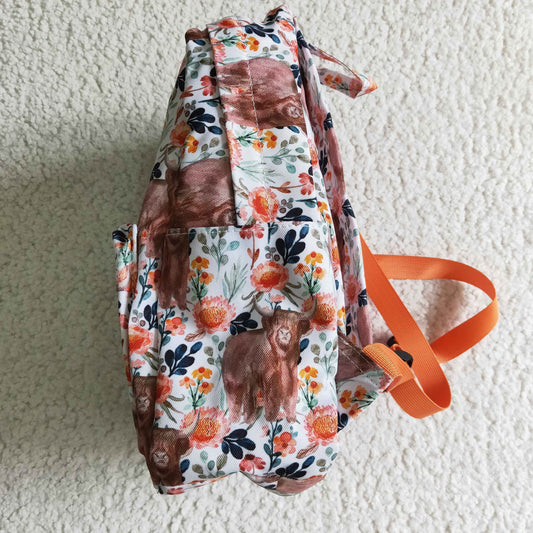 Orange flora highland cow print Bag   BA0027