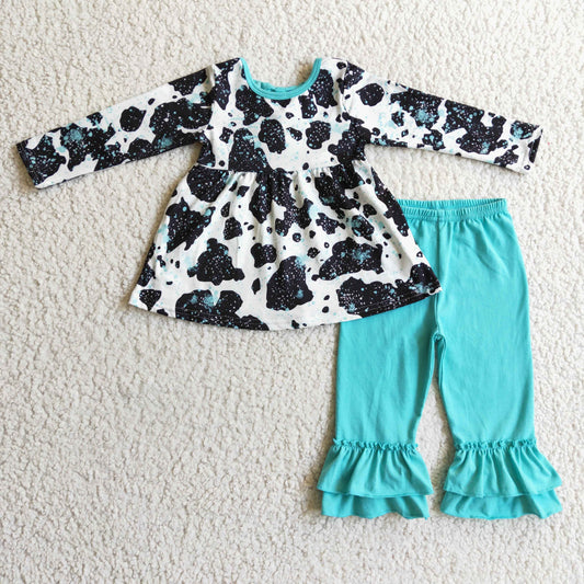 GLP0305 Cowhide Bows Tunic Top Aqua Ruffle Pants Girls Clothes Set