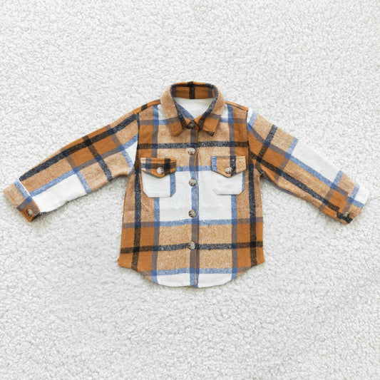 Brown khaki plaid cotton pocket boy thick flannel button up shirt BT0189