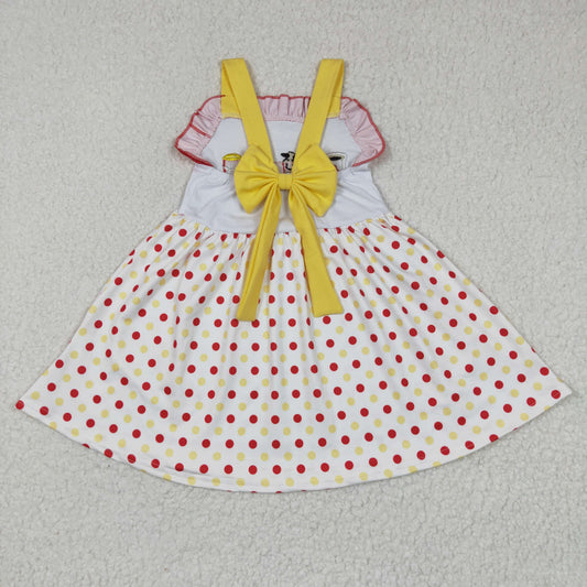Girls sleeveless yellow bow red dots print dress    GSD0203