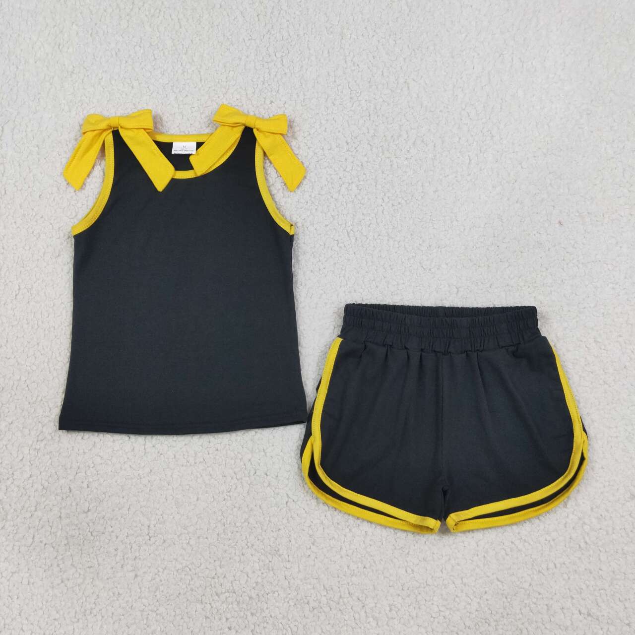GSSO3823 Teams Gold Bow Vest Top Black Pockets Shorts Girls Cotton Summer Clothes Set