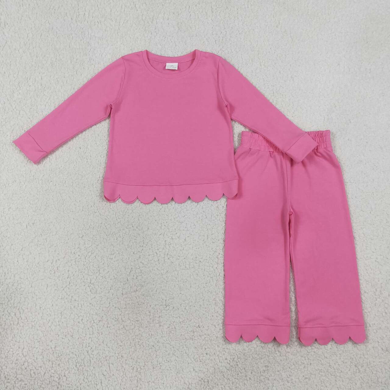 GLP3294 Hot Pink Cotton Scallop Edge Long Sleeve Pants Girls Fall Clothes Set