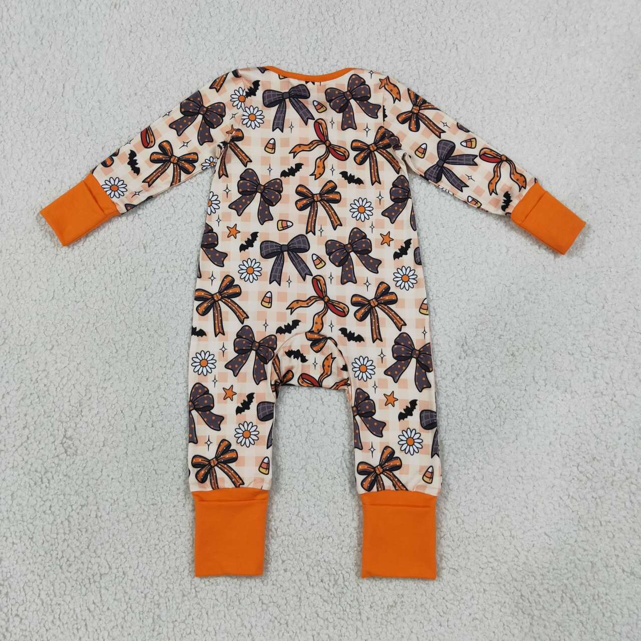 LR3161 Bows Candy Flowers Bat Baby Girls Halloween Long Sleeve Zipper Sleeper Romper