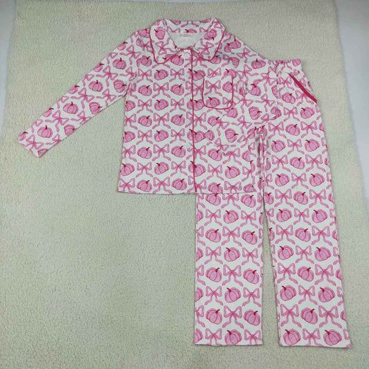 Pumpkin Bows Pink Print Woman Fall Pajamas Clothes Set