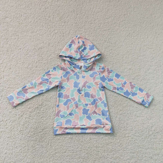 BT1855 Pink Blue Camo Long Sleeve Pocket Kids Zipper Hoodie Top