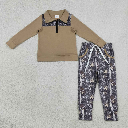 BLP1446 Brown Zipper Pullover Top Branch Pockets Pants Boys Fall Hunting Clothes Set