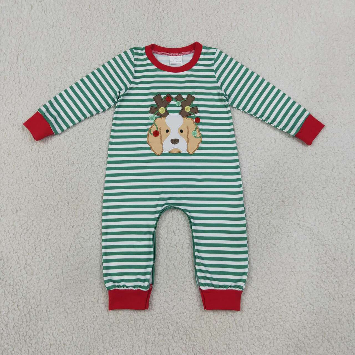 Embroidry Dog Green Stripes Baby Boys Christmas Romper