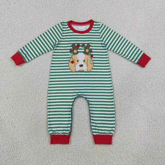 LR3146 Dog Embroidery Green Stripes Baby Boys Christmas Romper